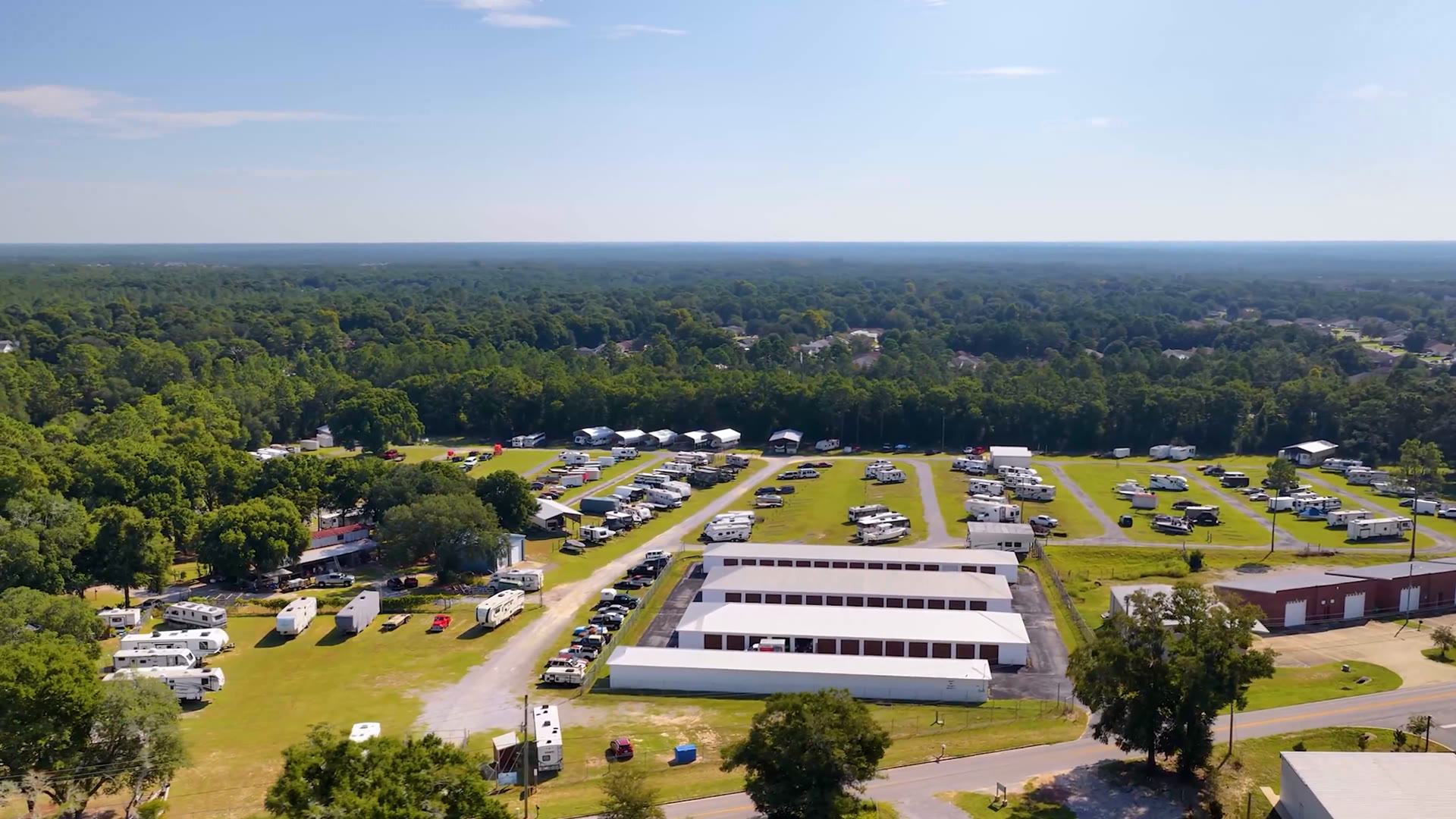 Aerial view of Brown's mini storage buildings and outdoor vehicle storage in Crestview